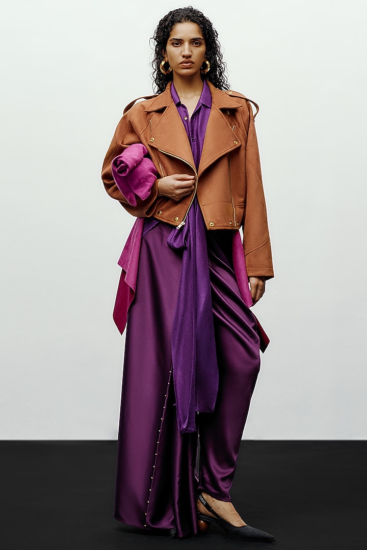 Brown Soft Faux Suede Jacket by 431-88 By Shweta Kapur at Pernia's Pop Up Shop